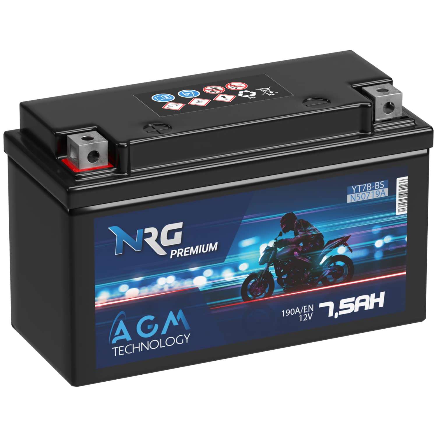 NRG Premium YT7B-BS AGM Motorradbatterie 7,5Ah 12V 190A/EN Batterie 50719 YT7B-4 GT7B-4 CT7B4 FT7B4 EB7B-BS 507 901 012 auslaufsicher wartungsfrei ersetzt 7Ah von NRG PREMIUM