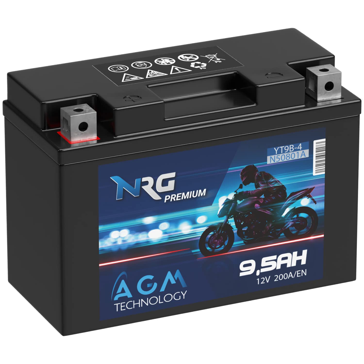NRG Premium YT9B-4 AGM Motorradbatterie 9,5Ah 12V 200A/EN Batterie YT9B-BS 50801 50815 GT9B-4 auslaufsicher wartungsfrei ersetzt 9Ah 8Ah von NRG PREMIUM
