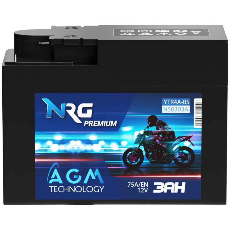 NRG Premium YTR4A-BS AGM Roller Batterie 3Ah 12V 75A/EN Motorradbatterie 50303 50415 ITX4A-BS YTX4A-BS auslaufsicher ersetzt 2,5Ah 2,3Ah von NRG PREMIUM