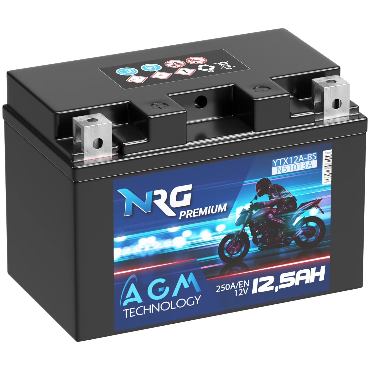 NRG Premium YTX12A-BS AGM Motorradbatterie 12,5Ah 12V 250A/EN Batterie 51013 YTZ12S CTX12A-BS GT12A-BS auslaufsicher wartungsfrei ersetzt 12Ah von NRG PREMIUM