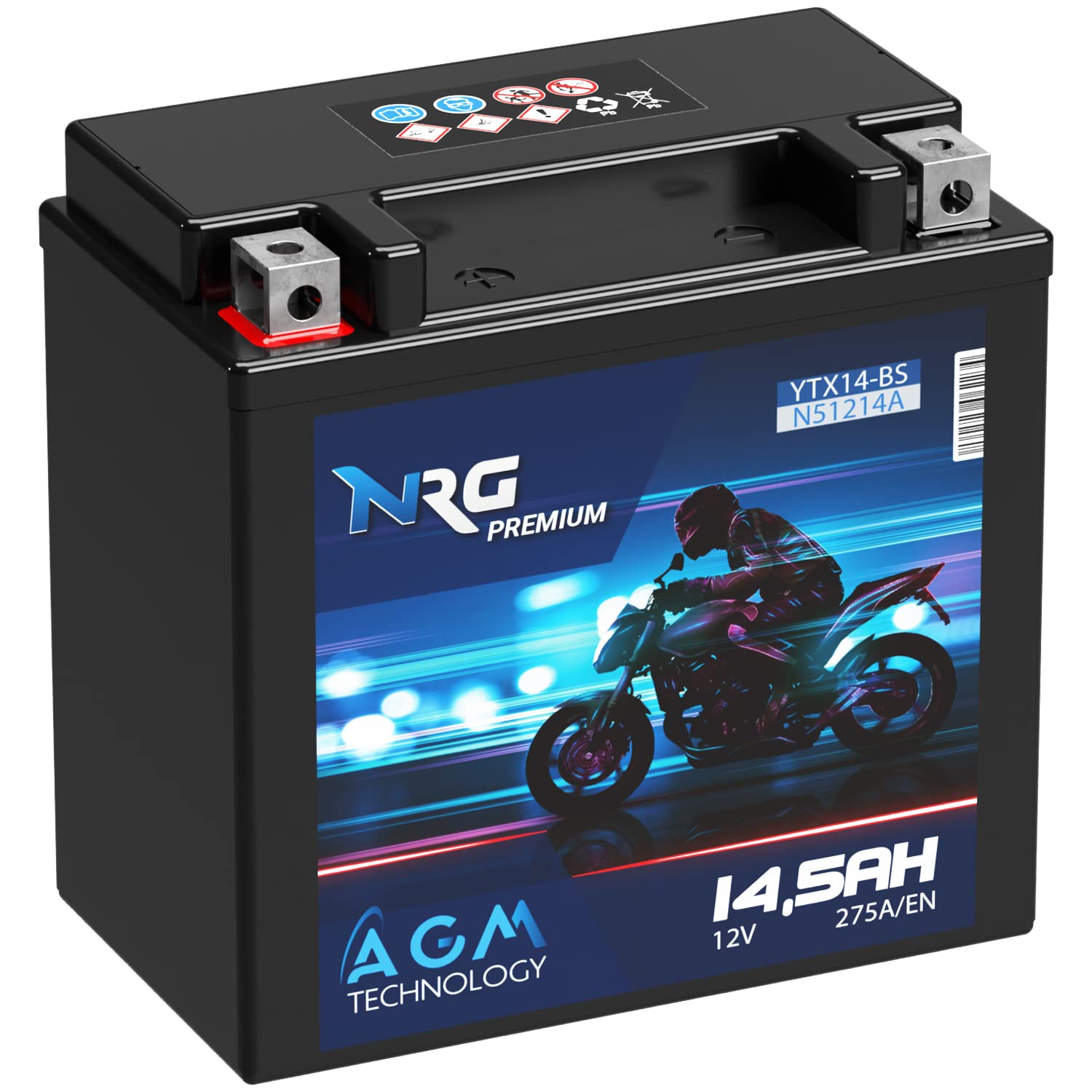 NRG Premium YTX14-BS AGM Motorradbatterie 14,5Ah 12V 275A/EN Batterie 51214 YTX14-4 CTX14-BS GTX14-BS auslaufsicher wartungsfrei ersetzt 14Ah von NRG PREMIUM
