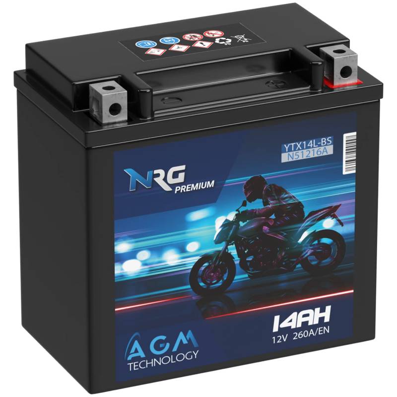 NRG Premium YTX14L-BS AGM Motorradbatterie 14Ah 12V 260A/EN Batterie 51216 HVT-03 HVT-3 51912 auslaufsicher wartungsfrei von NRG PREMIUM