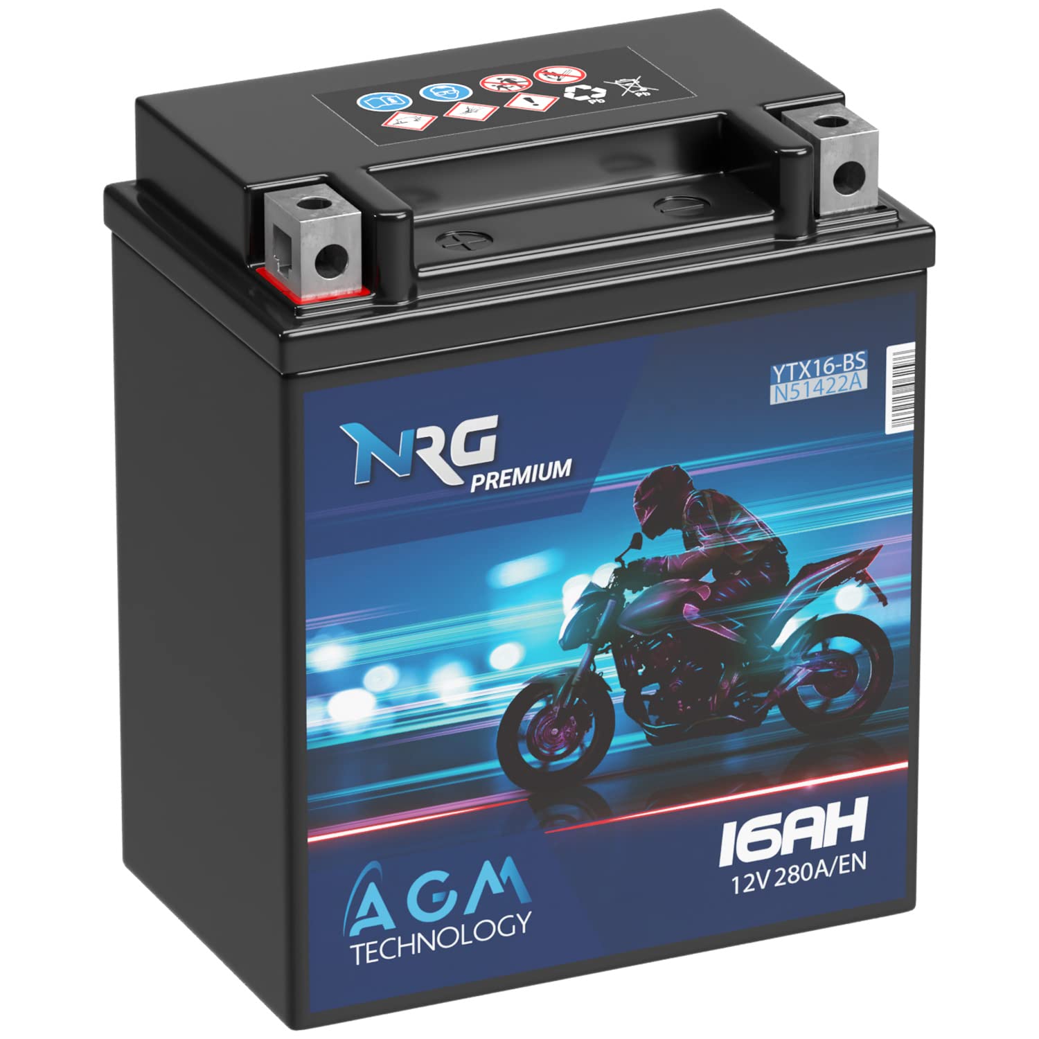 NRG Premium YTX16-BS AGM Motorradbatterie 16Ah 12V 280A/EN ersetzt 14Ah 15Ah Batterie 51422 YTX16-4 YTX16BS ETX16-BS auslaufsicher wartungsfrei von NRG PREMIUM