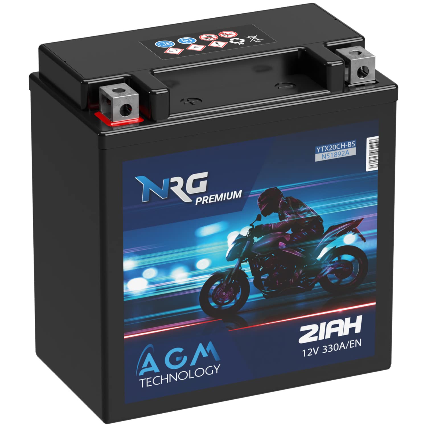 NRG Premium YTX20CH-BS AGM Motorradbatterie 21Ah 12V 330A/EN Batterie 51892 auslaufsicher wartungsfrei ersetzt 20Ah von NRG PREMIUM