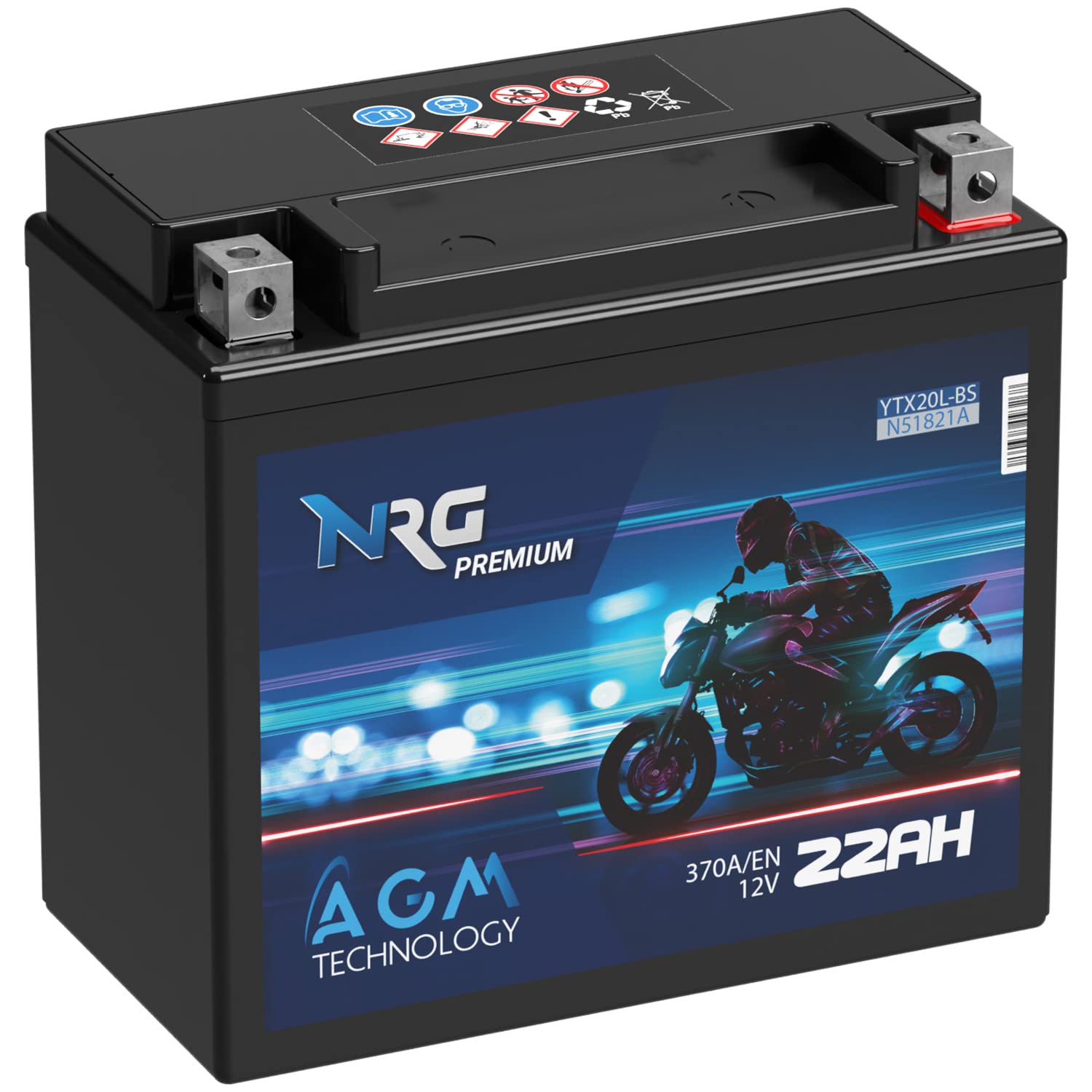 NRG Premium YTX20L-BS AGM Motorradbatterie 22Ah 12V 370A/EN Batterie 51821 CTX20L-BS GTX20L-BS auslaufsicher wartungsfrei ersetzt 20Ah von NRG PREMIUM