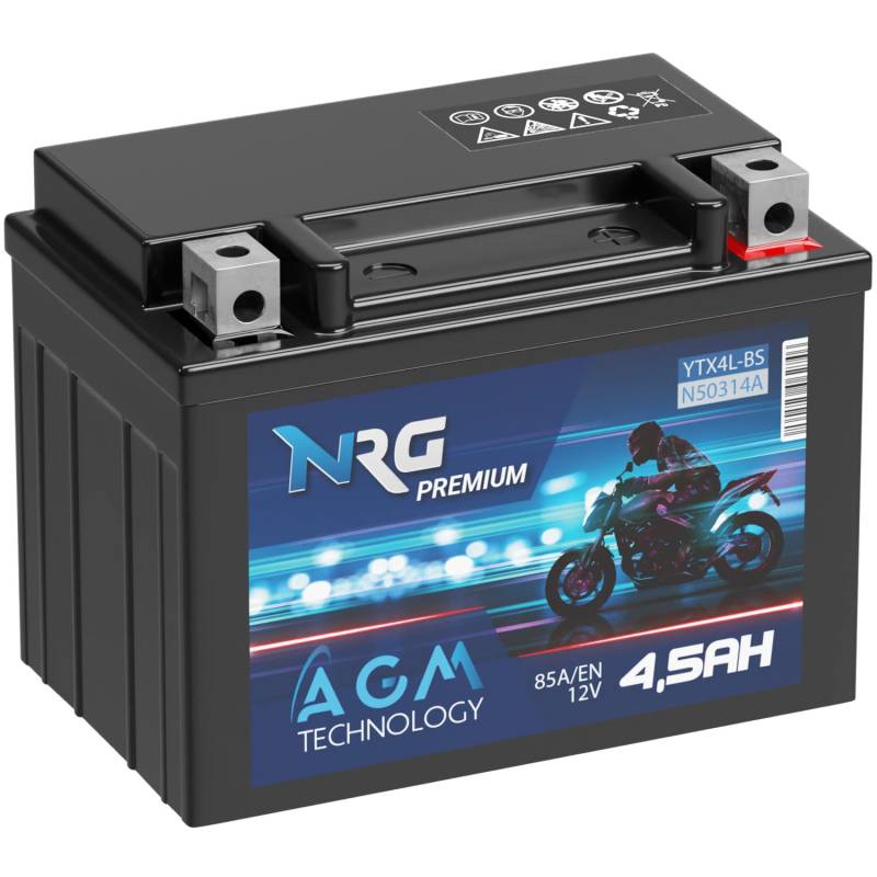 NRG Premium YTX4L-BS AGM Roller Batterie 4,5Ah 12V 85A/EN Motorradbatterie 50314 CTX4L-BS GTX4L-BS auslaufsicher wartungsfrei ersetzt 4Ah 5Ah von NRG PREMIUM