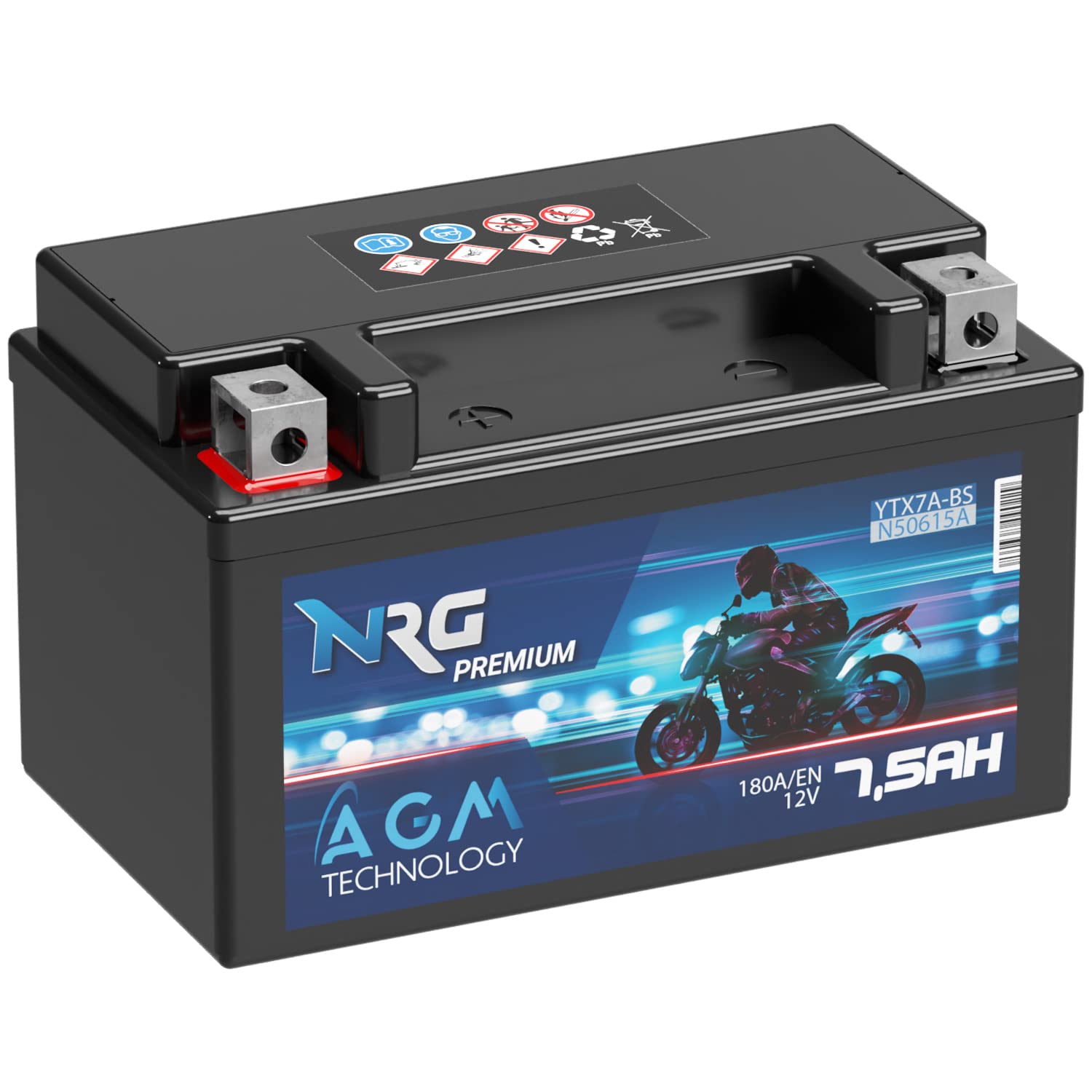 NRG Premium YTX7A-BS AGM Motorradbatterie 7,5Ah 12V 180A/EN Batterie 50615 CTX7A-BS JMTX7A-BS auslaufsicher wartungsfrei ersetzt 7Ah von NRG PREMIUM