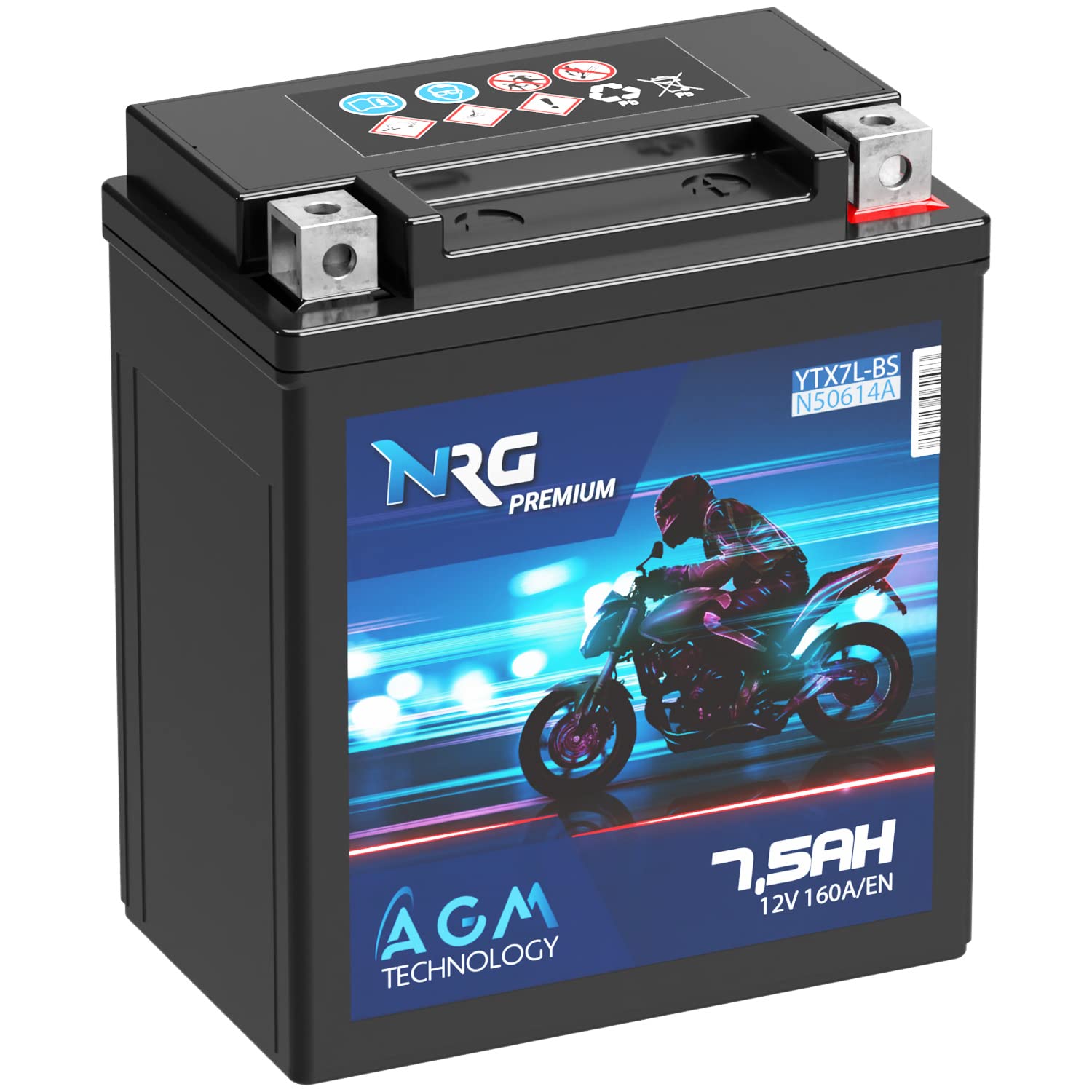 NRG Premium YTX7L-BS AGM Motorradbatterie 7,5Ah 12V 160A/EN Batterie 50614 CTX7L-BS auslaufsicher wartungsfrei ersetzt 6Ah von NRG PREMIUM