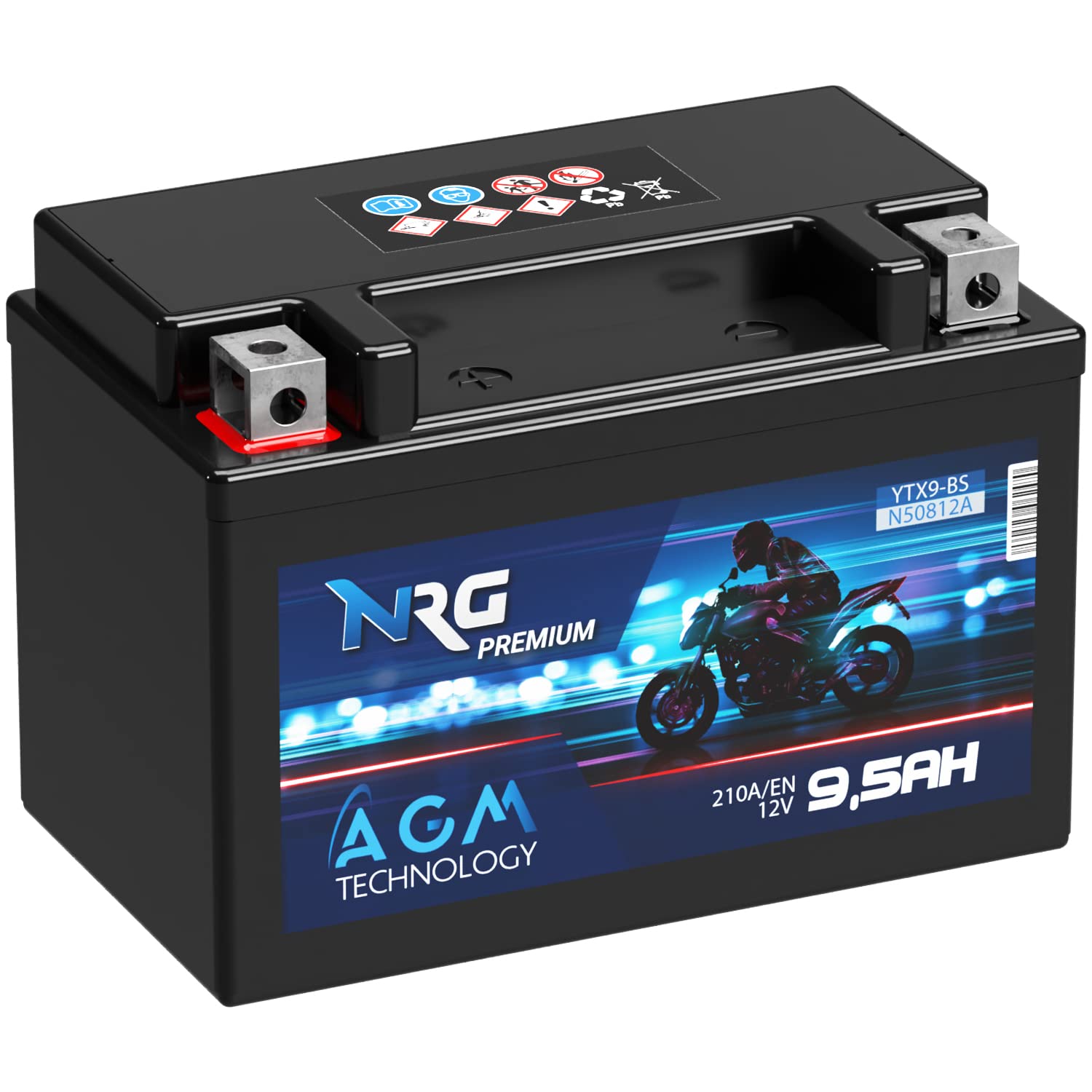 NRG Premium YTX9-BS AGM Motorradbatterie 12V 9,5Ah 210A/EN entspricht Batterie 50812 CTX9-BS ETX9-BS GTX9-BS auslaufsicher wartungsfrei ersetzt 9Ah 8Ah von NRG PREMIUM