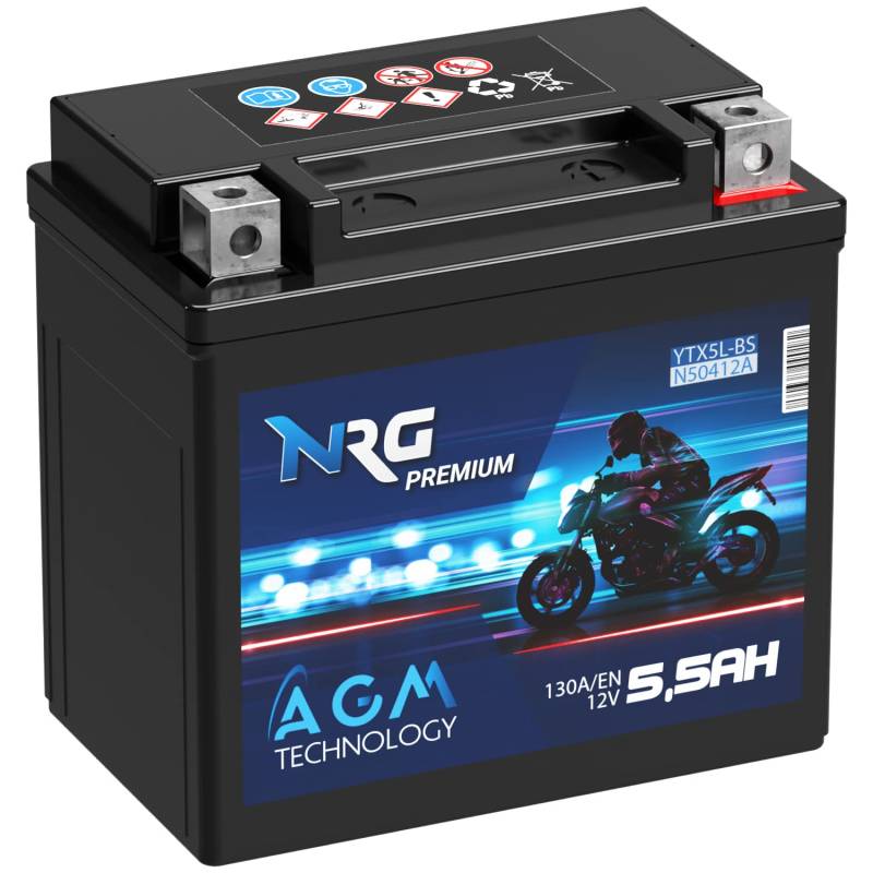 NRG YTX5L-BS AGM Roller Batterie 12V 5,5Ah 130A/EN Motorradbatterie YTX5L-4 50412 CTX4L-4 YT5L-BS ersetzt 5Ah 4Ah auslaufsicher wartungsfrei von NRG PREMIUM