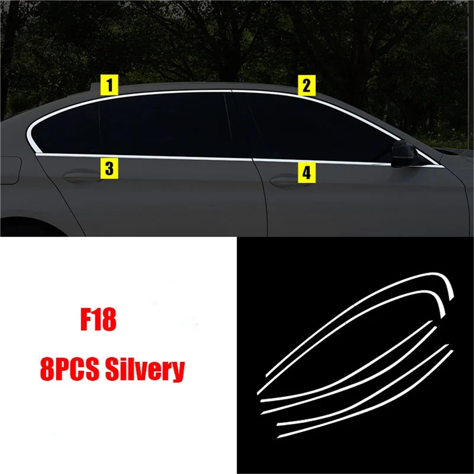 Kompatibel mit BMW 5er F10 F18 2011–2017 Styling Fensterleistenrahmenleisten Zierleiste aus schwarzem Edelstahl 8-teiliges Zubehör(F18 Silver) von NROVENMIL