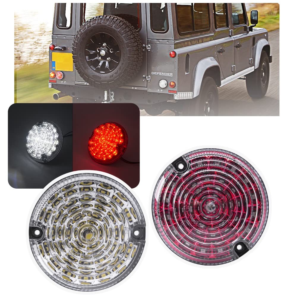 NSLUMO 2 Stueck LED Rückseite Nebelscheinwerfer Rückfahrleuchte Rot Für 01-16 L`and R`over Defender (95mm Klar + Rot) von NSLUMO