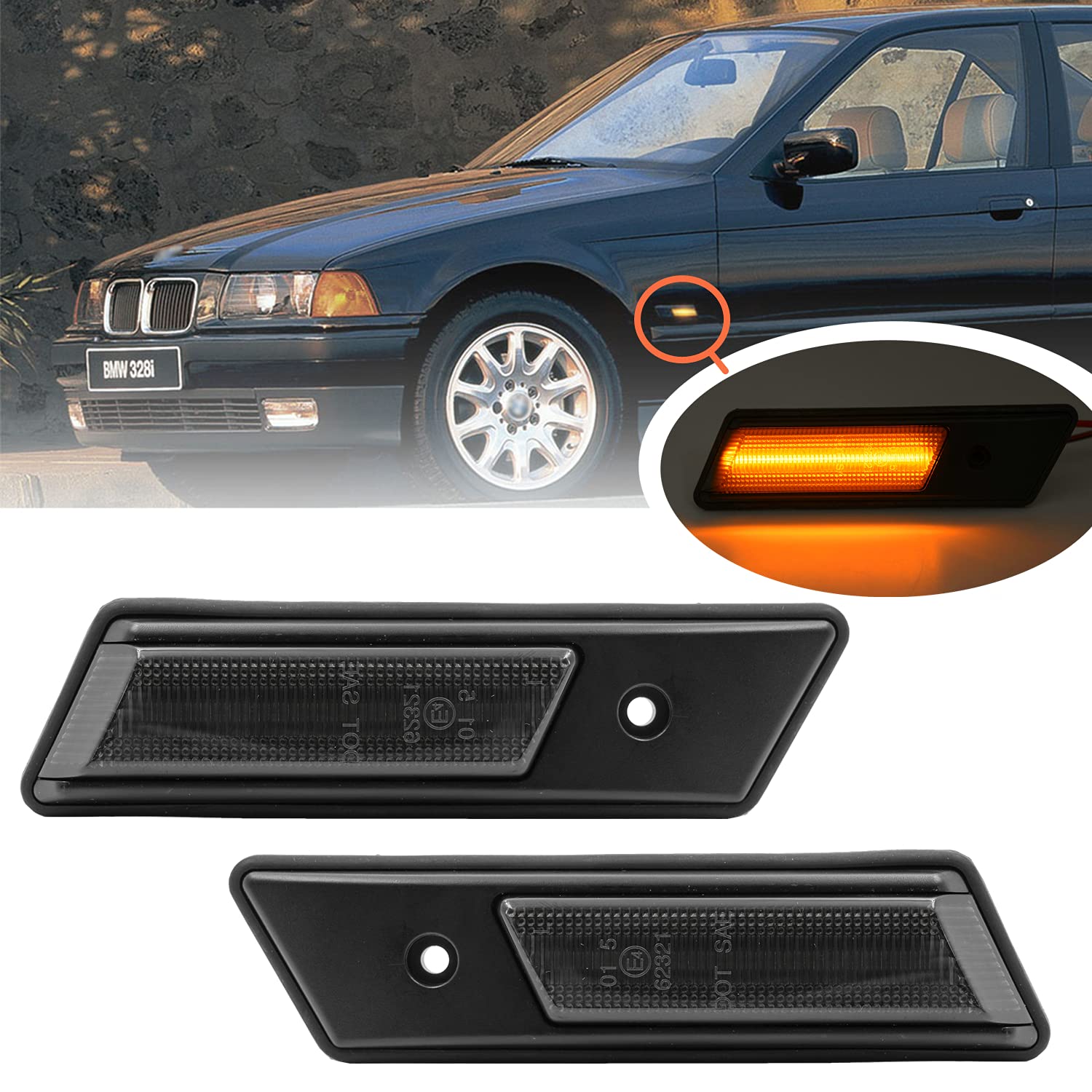 NSLUMO Seitenblinker-Set, bernsteinfarben, Blinker, Rauchglas, kompatibel mit BMW E36 M3 316 318 318 320 325 318 325 318 325 325 von NSLUMO