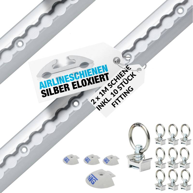 NTG 2 Stück je 1 m Airlineschiene halbrunde Form aus Aluminum mit Bohrungen | SPARSET INKL. 10 STÜCK Fitting + 4 STÜCK ENDKAPPE | Ladungssicherung für LKWs, Anhänger, Wohnmobile | eloxiert | 1000mm von NTG