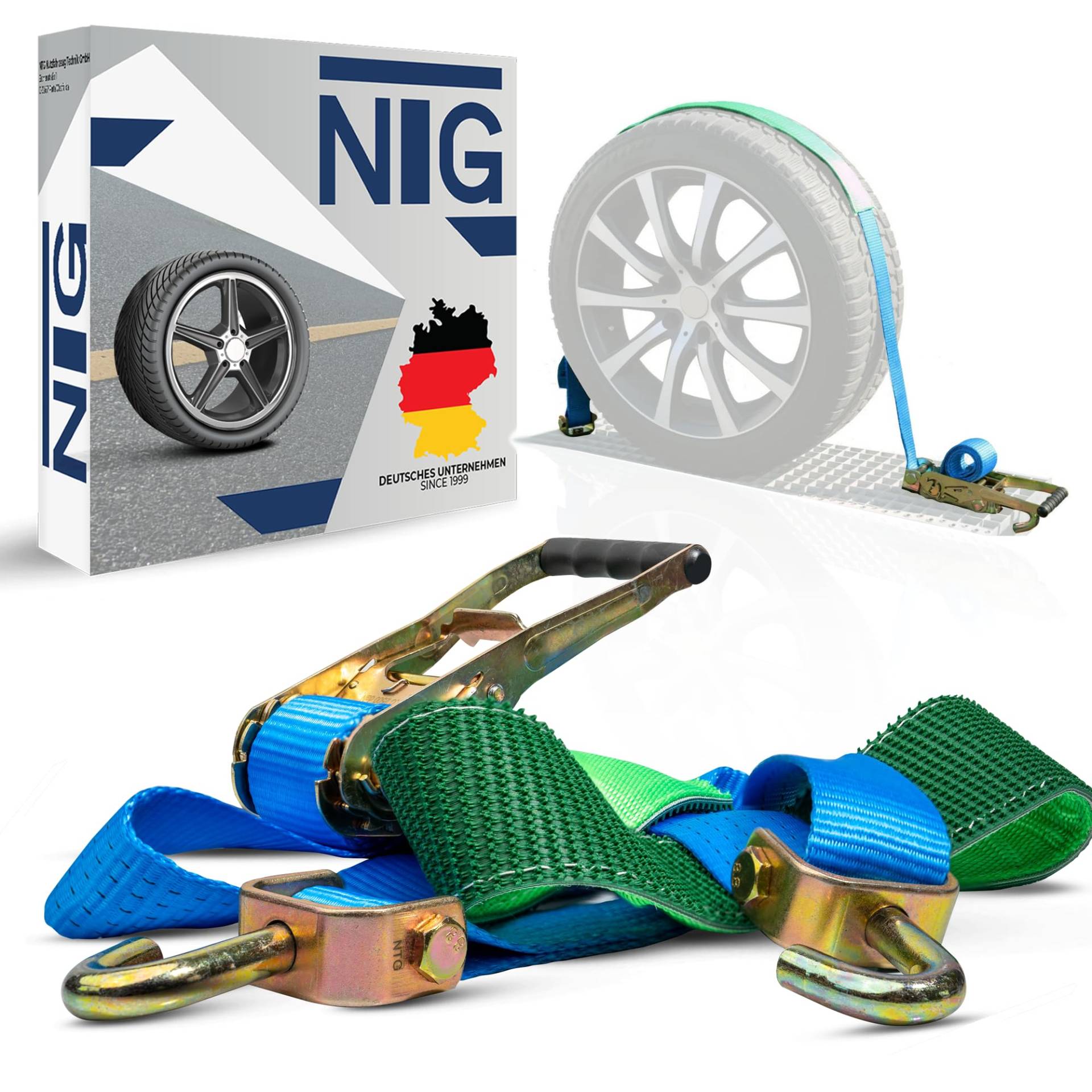 NTG 4 Stück Set Autotransport Spanngurte 2500mm lang bis 5000kg mit Grippschlauch und Wirkelhaken | Radsicherung | Gurt | Auto | Reifengurte NTG 4 Stück Set Autotransport Spanngurte 2500mm lang bis 5000kg mit Grippschlauch und Wirkelhaken | Radsicherung | Gurt | Auto | Reifengurte von NTG