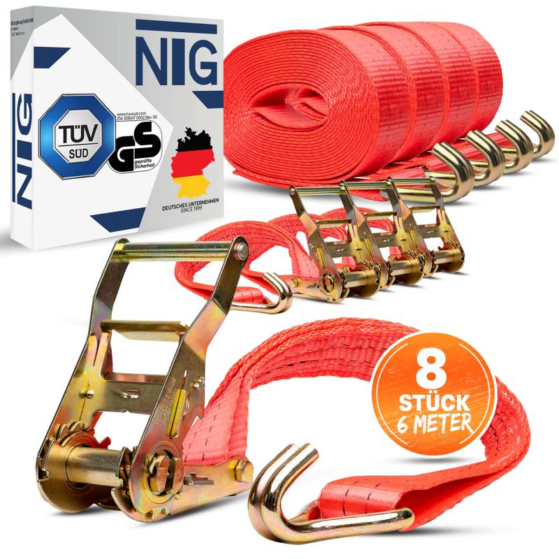 NTG 8 Stück Spanngurte mit Ratsche - Haken 2000kg 6 Meter lang - TÜV/GS geprüft - 2 teilig 35mm breit - Zurrgurte - TÜV GS Geprüft und gemäß DIN EN 12195-2 von NTG