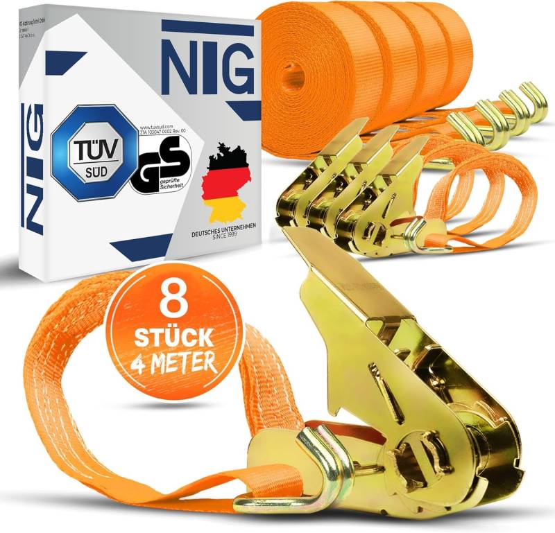 NTG Spanngurte mit Ratsche | 2, 4, 6, 8, 10 oder 20 Stück | 800 kg | 4m | 2 teilig | TÜV/GS geprüft | zweiteilig mit Haken | Ratschengurt | Zurrgurte | 25mm | 0,8 t (8 Stück) von NTG