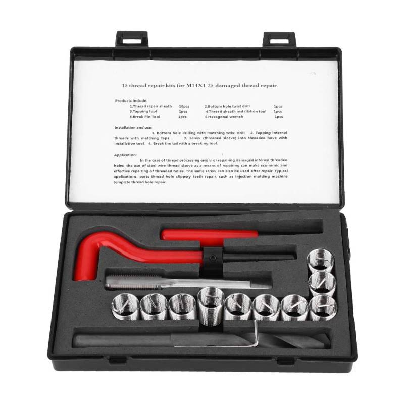 NUMNBE Gewinde Reparatur KIT Edelstahl GEWENDEBOHRER SCHLUESSEL GEWINDEEINSATZ Auto M14x1.25 von NUMNBE