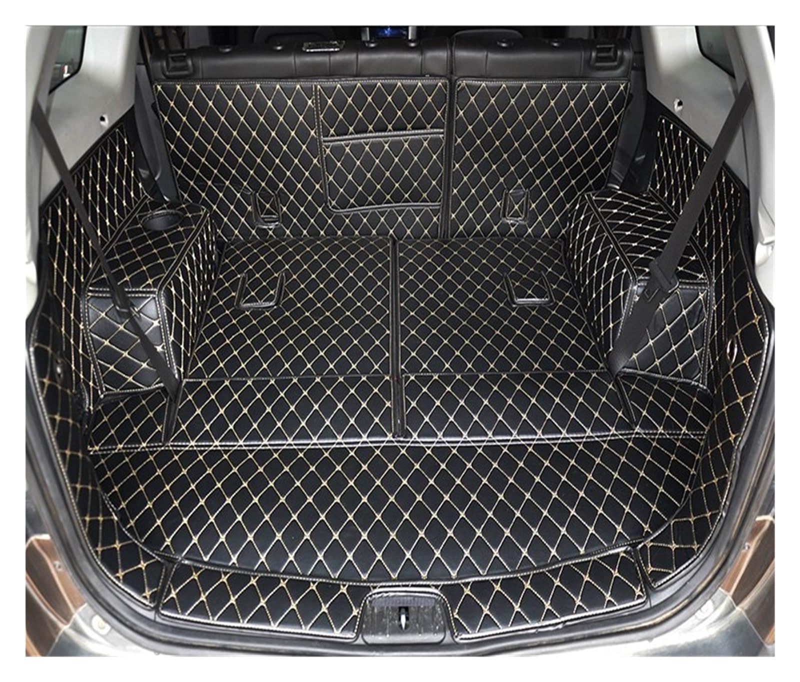 NVETJMUA Kofferraummatten Für Chevrolet Für Captiva 7 Sitze Kofferraummatten Leder Cargo Liner Kofferraum Teppiche Hinten Kofferraumschutz(Black with beige) von NVETJMUA