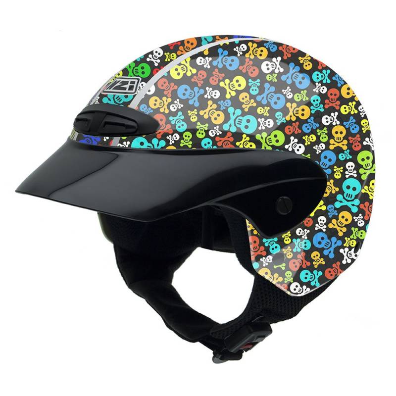 NZI Single Jr II Multi Pirates Motorradhelm, Mehrfarbig (Schwarzer Hintergrund und Skulls in Verschiedenen Farben), 55-56 cm von NZI