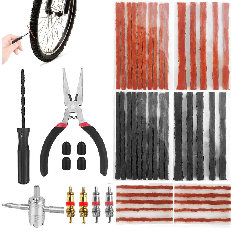 Nadinsta 52 Stück Tubeless Fahrradreifen MTB Reparaturset, Tubeless Reifen Flickset Tire Repair Kit 40 Klebestreifen und 1 Reifenreparatur Gabelreibahle Gummistopfen für Autos, Motorräder von Nadinsta