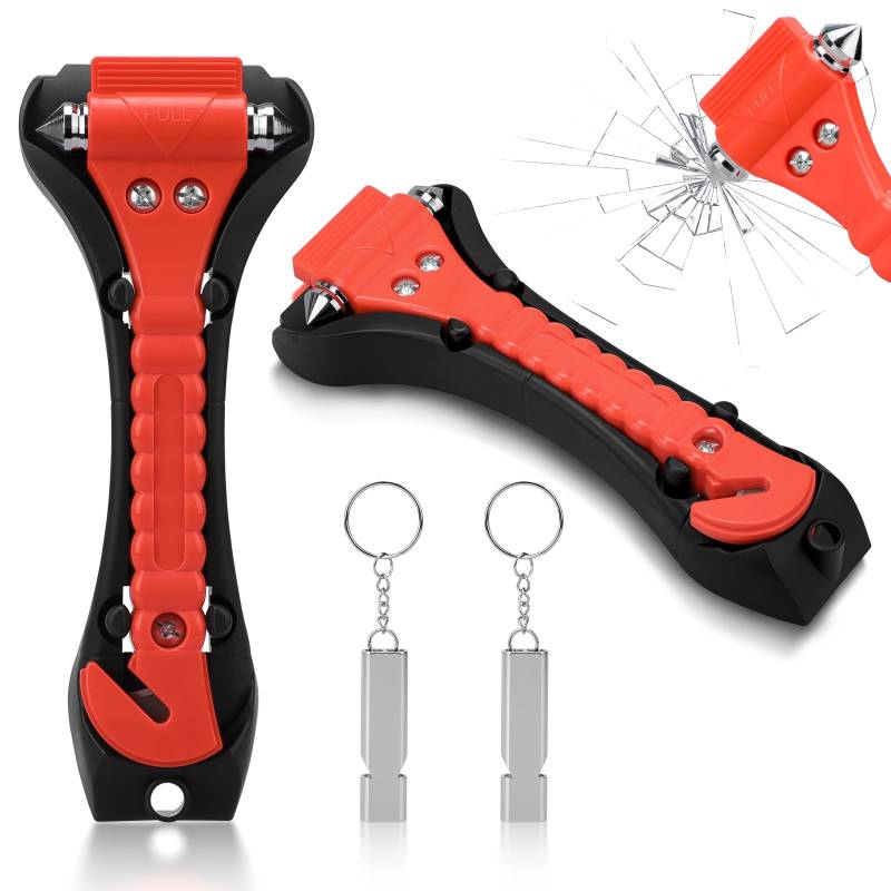 2 Stück Nothammer Auto Notfallhammer mit Gurtschneider, 2 in 1 Sicherheitshammer Auto mit Gurtschneider Auto Sicherheits Hammer mit 2 Trillerpfeife, Sicherheitshammer mit Gurtmesser fürs Auto Bus PKW von Nakutita