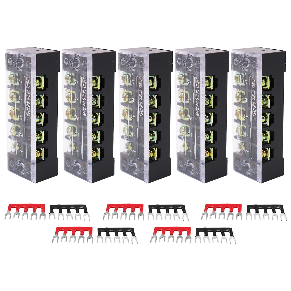 Namvo 5Pcs Klemmenblock 5 Positionen 600 V 15 A zweireihige Schraubklemmenleiste mit 400 V 15 A rot und schwarz isolierten Klemmen-Sperrbrücken Namvo 5Pcs Klemmenblock 5 Positionen 600 V 15 A zweireihige Schraubklemmenleiste mit 400 V 15 A rot und schwarz isolierten Klemmen-Sperrbrücken von Namvo