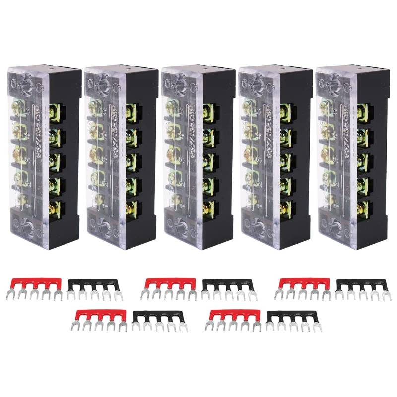 Namvo 5Pcs Klemmenblock 5 Positionen 600 V 15 A zweireihige Schraubklemmenleiste mit 400 V 15 A rot und schwarz isolierten Klemmen-Sperrbrücken von Namvo