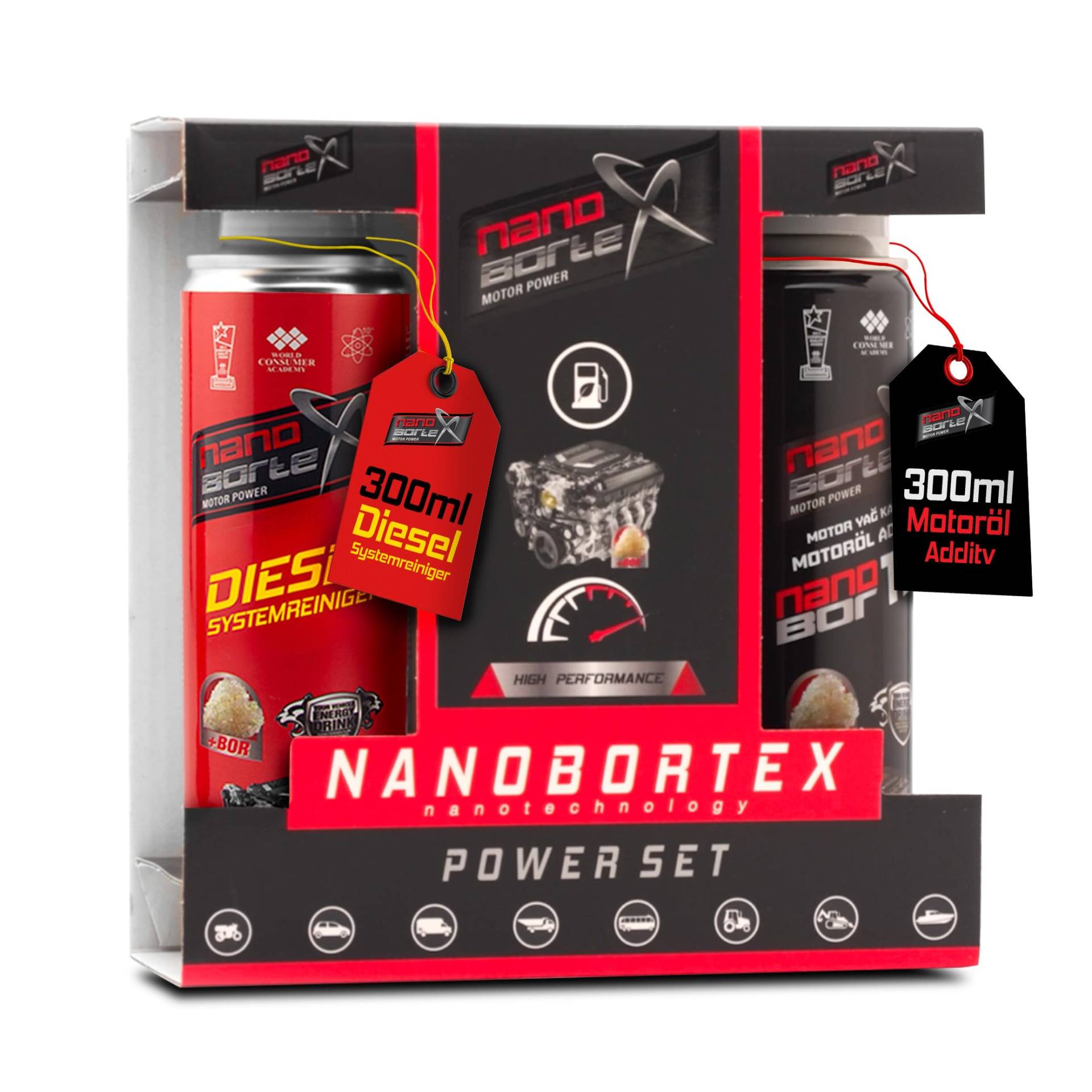 NanoBorTeX Motor Power Set Motorölzusatz Motoröl + Dieselsystemreiniger Additiv BOR Boron NanoBorX Motorschutz 300ml von NanoBorTeX Motor Power