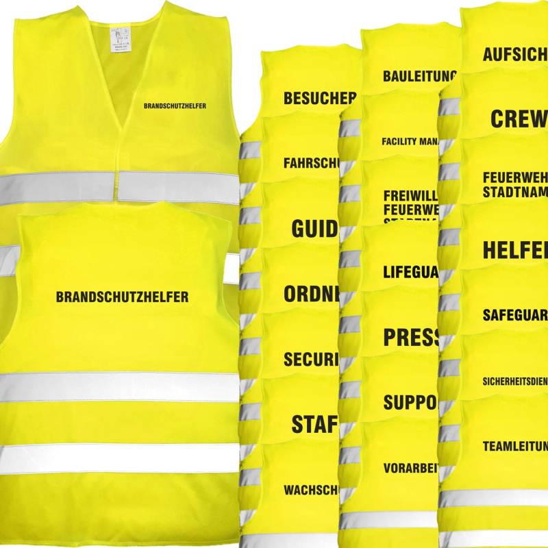 Nashville print factory Warnweste gelb mit Text Bedruckt Rückendruck + Brustdruck Sicherheitsweste EN ISO 20471 (Brandschutzhelfer) von Nashville print factory