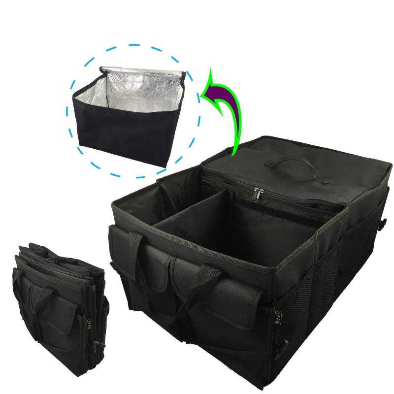 Kofferraumtasche von HOHER QUALITÄT, FALTBAR mit 2 Hauptfächer, flexible und abnehmbare Kühler und 11 Außentaschen. RIGID Auto Kofferraum Veranstalter (starke Platten rundum) und STABIL von NeaTi