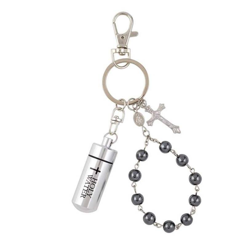 Needzo Heiliges Wasser Schlüsselanhänger mit 1 Jahrzehnt schwarzer Hämatit Perlen Rosenkranz mit wundertätiger Medaille und Kruzifix, 11,4 cm von Needzo