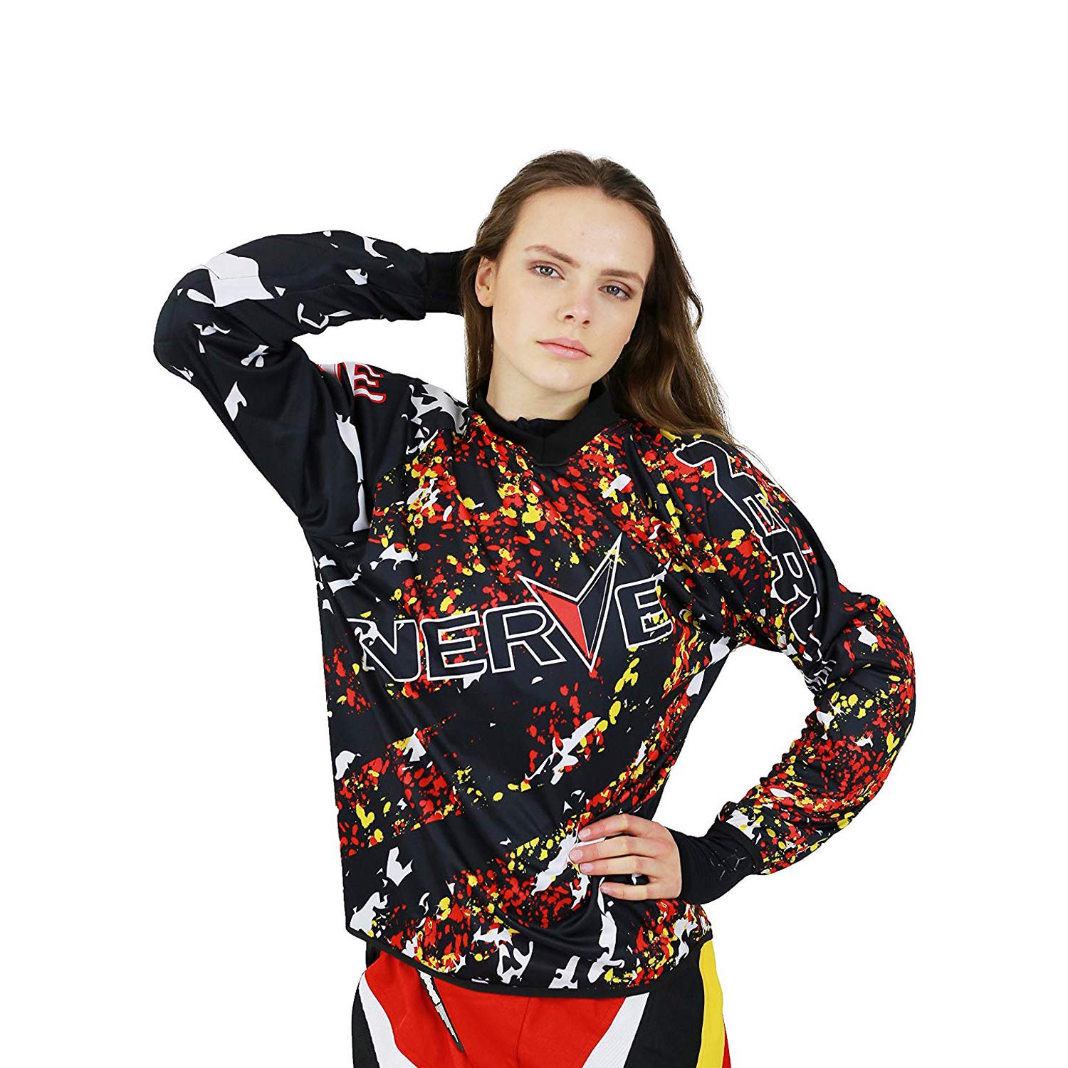 Motocross Cross Enduro T-Shirt Langarmshirt Herren Damen Splash Design Bemustert - schwarz-rot - XL von Nerve Shop