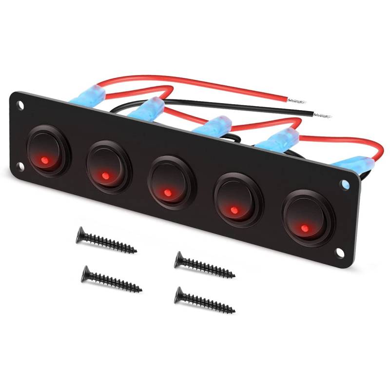 Nettoppo 5 Gang Round Dash Rocker Toggle Switch Panel Waterproof 12-24V LED für RV Ship Yacht Marine Car Marine Ship Red von Nettoppo