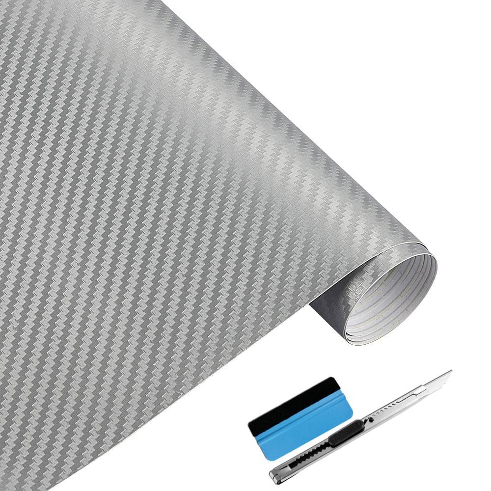 NewL 3D Silber Carbon Fiber Vinyl Wrap Rolle mit Luftablass Blasenfrei Klebefilm Enthält Installationswerkzeuge 30x300cm von NewL
