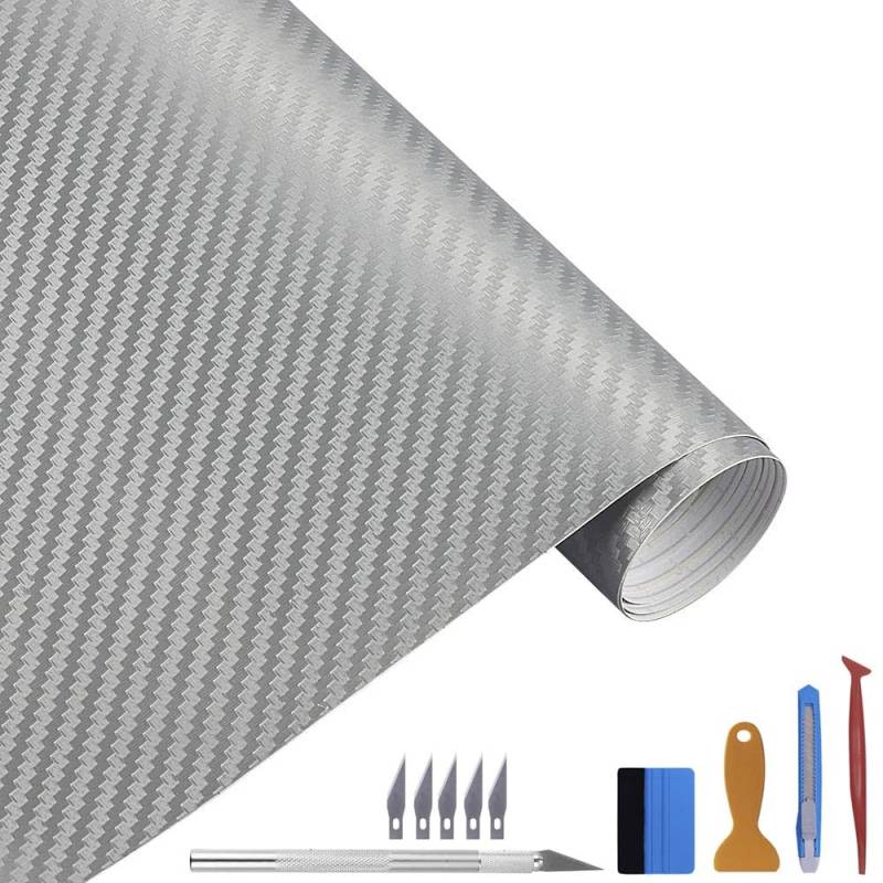 NewL 3D-Vinylfolie aus Karbonfaser, mit Luftabgabe, blasenfreie Klebefolie, inklusive Montagewerkzeugen (100 x 300 cm), Silber von NewL