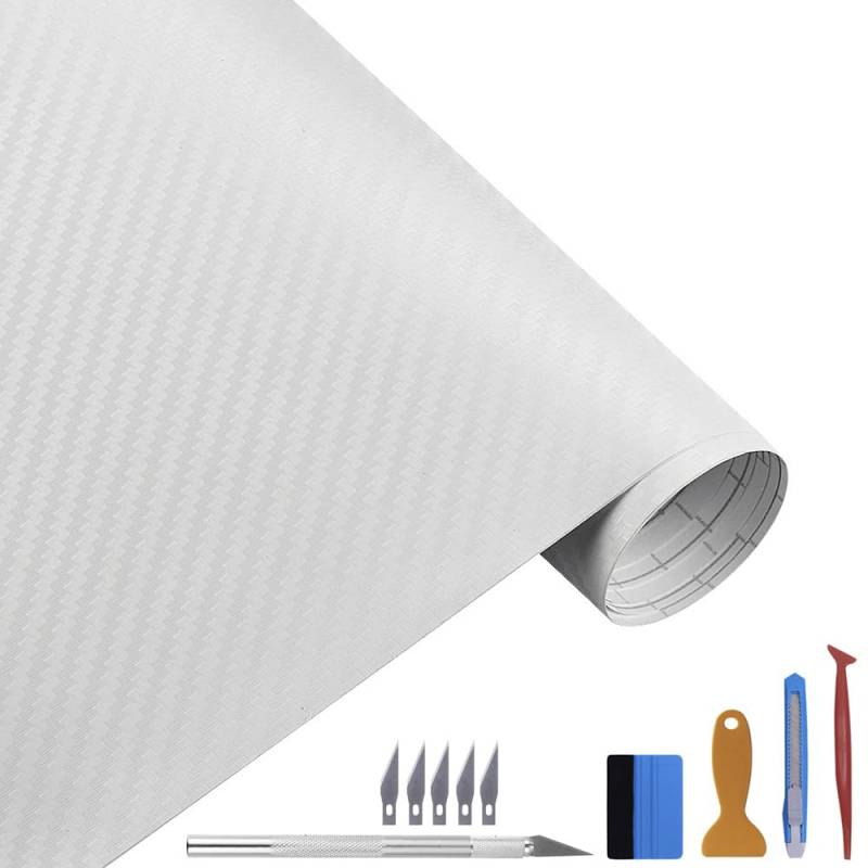 NewL 3D-Vinylfolie aus Karbonfaser, mit Luftabgabe, blasenfreie Klebefolie, inklusive Montagewerkzeugen (100 x 300 cm), Weiß von NewL