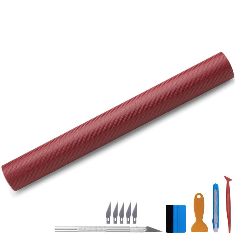 NewL 3D-Vinylfolie aus Karbonfaser, mit Luftabgabe, blasenfreie Klebefolie, inklusive Montagewerkzeugen (100 x 300 cm), dunkelrot von NewL