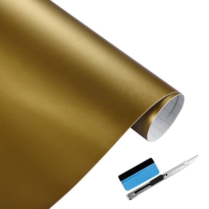 NewL Matte goldene Vinylfolie, Selbstklebende Folie, Luftablassblase, für den Außenbereich geeignet für den Automobilgebrauch, enthält Installationswerkzeuge (30 cm x 150 cm) von NewL