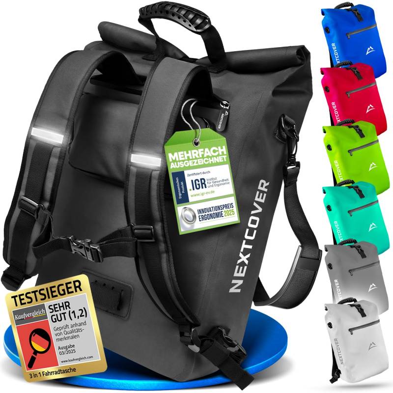 Nextcover® NEU 3in1 Fahrradtasche für Gepäckträger [PVC frei] - Gepäckträgertasche, Fahrradtasche Rucksack und Umhängetasche 25L I Fahrrad Tasche wasserdicht, Fahrradtaschen Gepäckträger von Nextcover