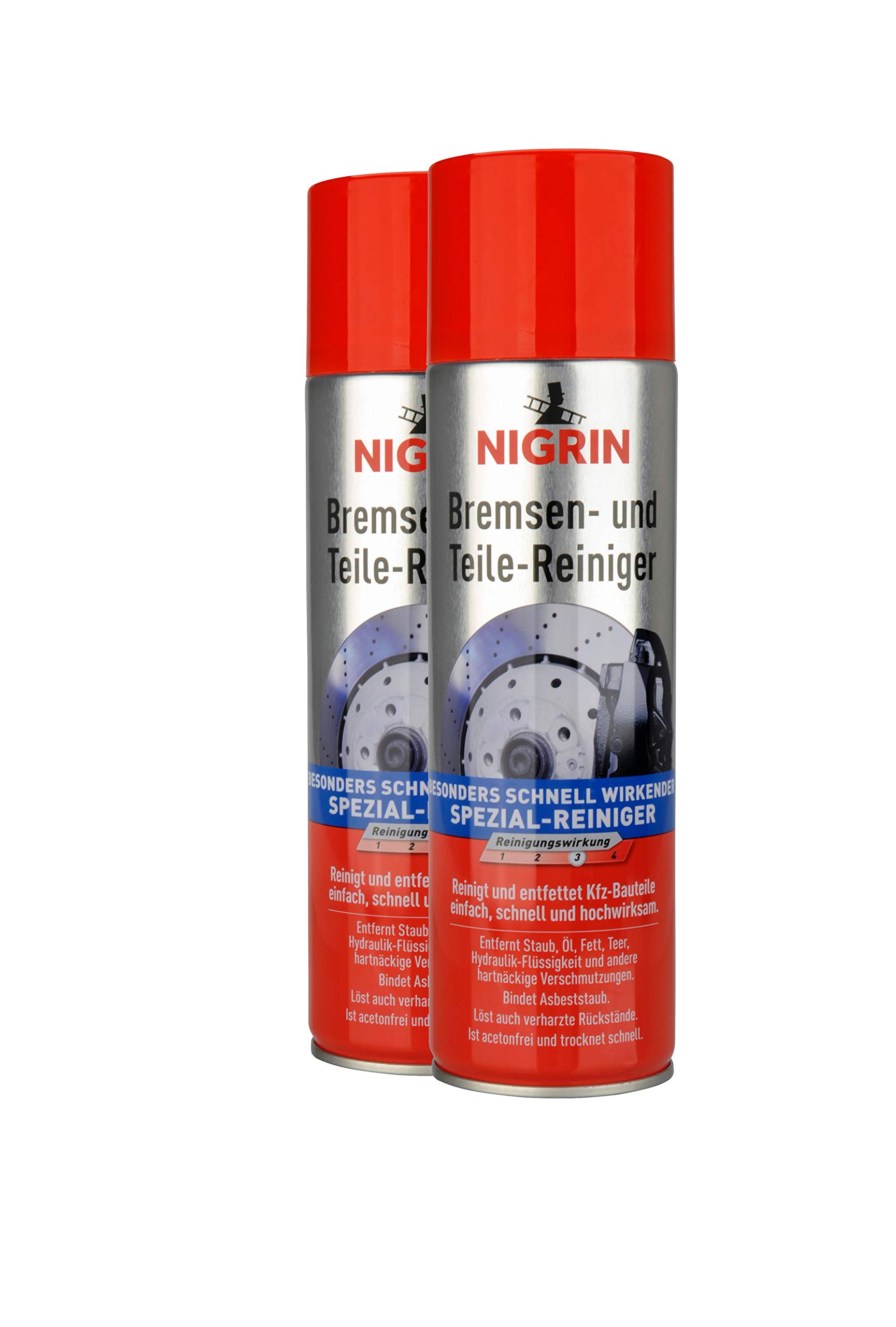 NIGRIN Bremsenreiniger, Motor-Teilereiniger, zur Entfettung von Bremsen-, Motor- und Maschinenteilen, 2er-Pack 500 ml Sprühdose von NIGRIN