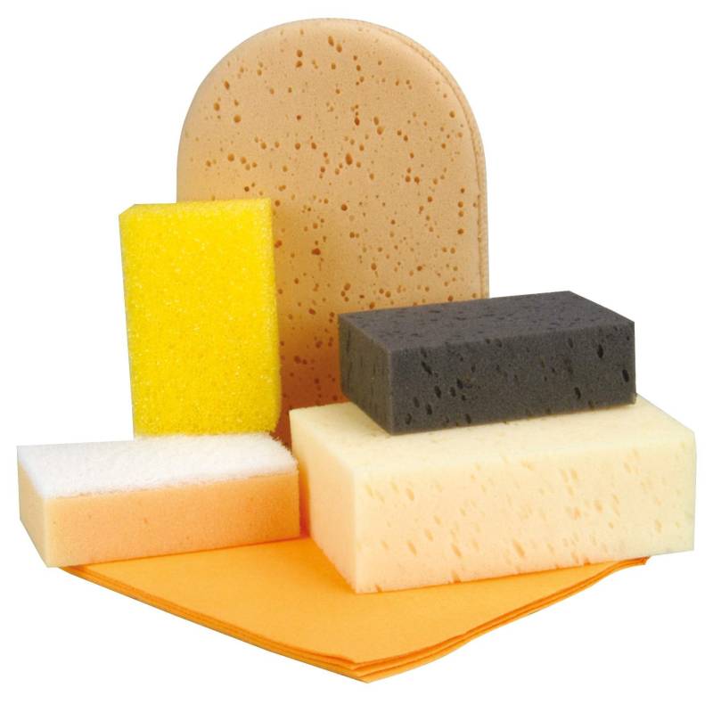 NIGRIN Auto Wasch-Set sechsteilig Insektenschwamm Autoschwamm 2 Universal-Schwämme , Handschuh Allzwecktuch, Gelb, Orange, Schwarz, Creme von NIGRIN