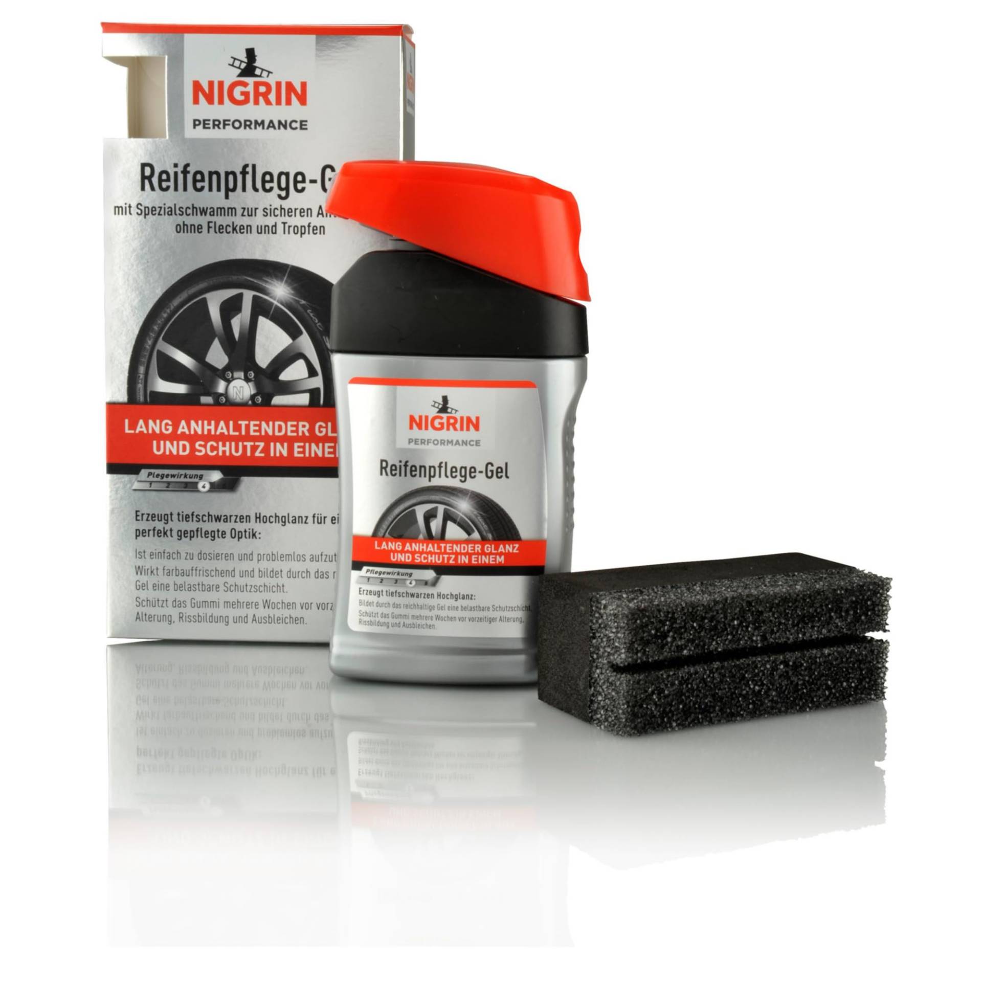 NIGRIN Performance Reifen-Gel, 300 ml, schützt Autoreifen vor UV-Strahlen, Schmutz und Salz, mit Spezialschwamm zum Auftragen für Reifen-Pflege und Reifen-Glanz von NIGRIN