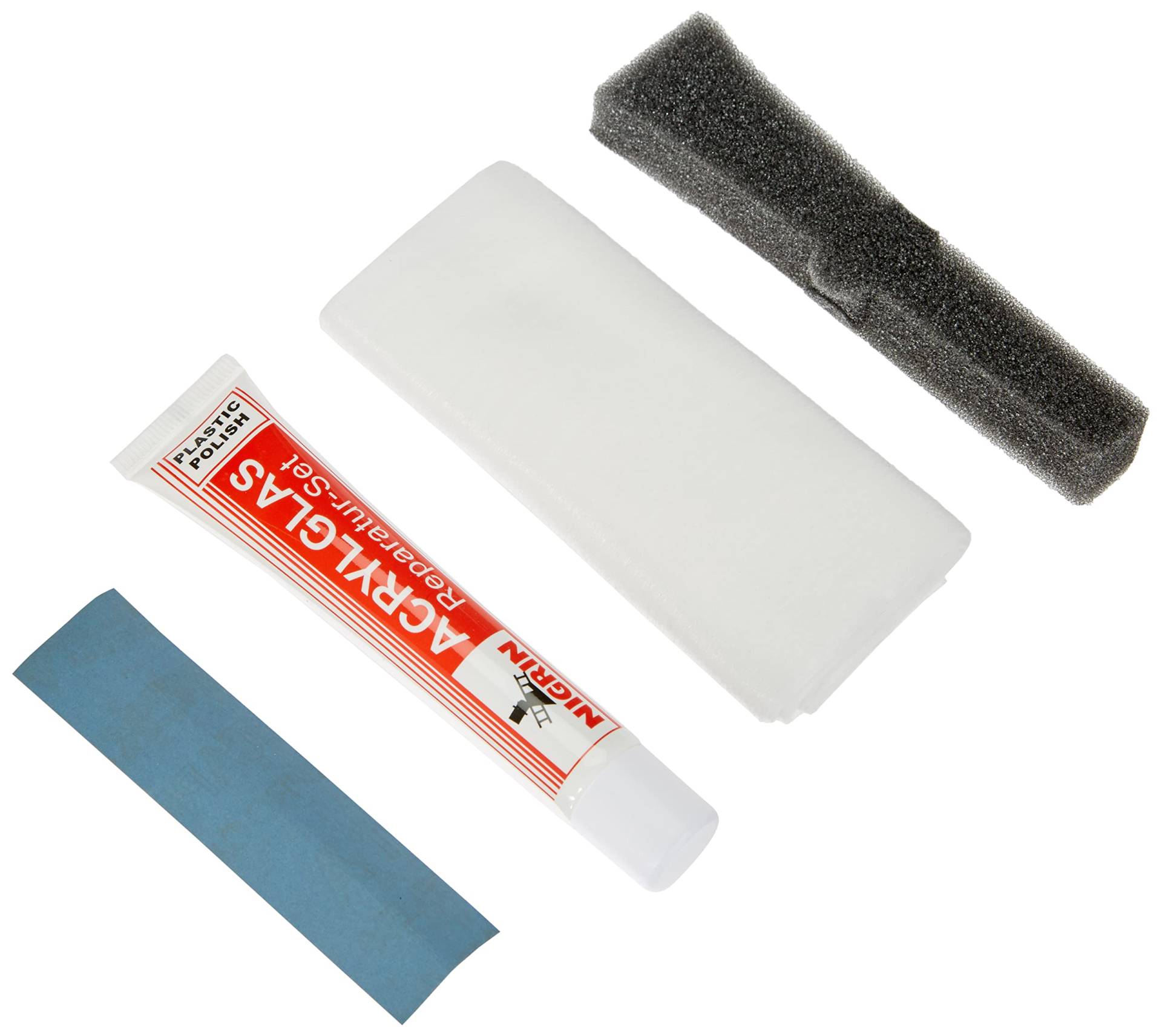 NIGRIN 73914 RepairTec Acryl-und Plexiglas Politur-Set: 1 x Kunststoff-Politurpast, 1 x Schleifpapier, 1 x Poliertuch von NIGRIN