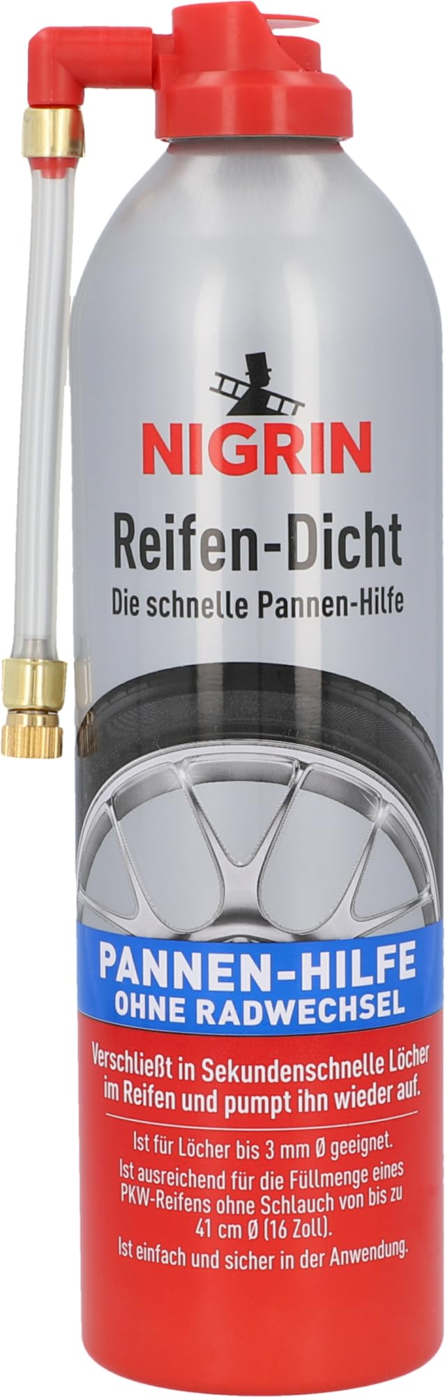 NIGRIN Reifendicht, 500 ml, sofortige Pannenhilfe, Reifendichtmittel repariert Löcher im Reifen im Handumdrehen ohne Montage von NIGRIN