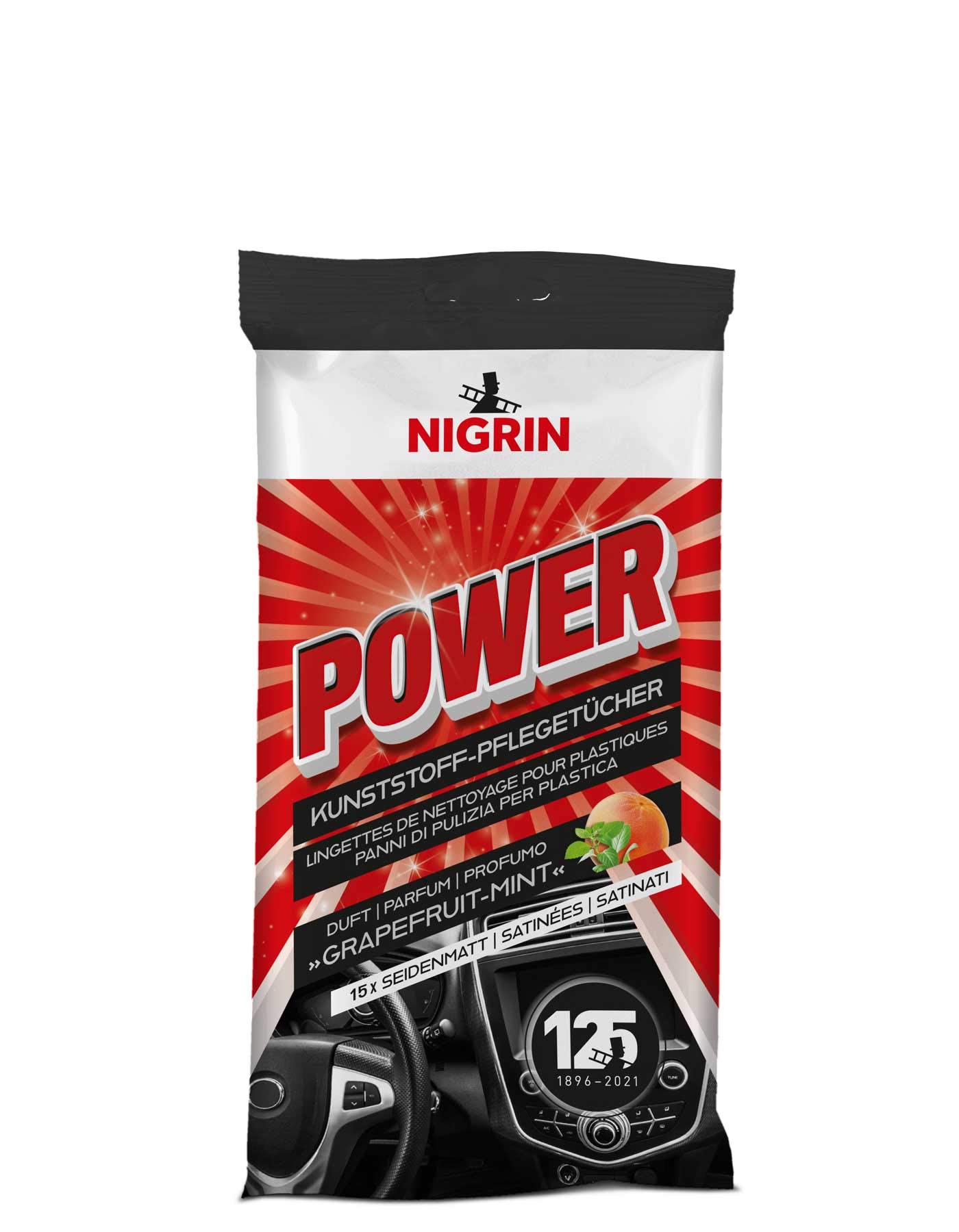 NIGRIN Power Kunststoff-Pflegetücher, reinigen die Oberflächen im Auto, silikonfrei, mit Grapefruit-Minze-Duft, 15 Stück von NIGRIN