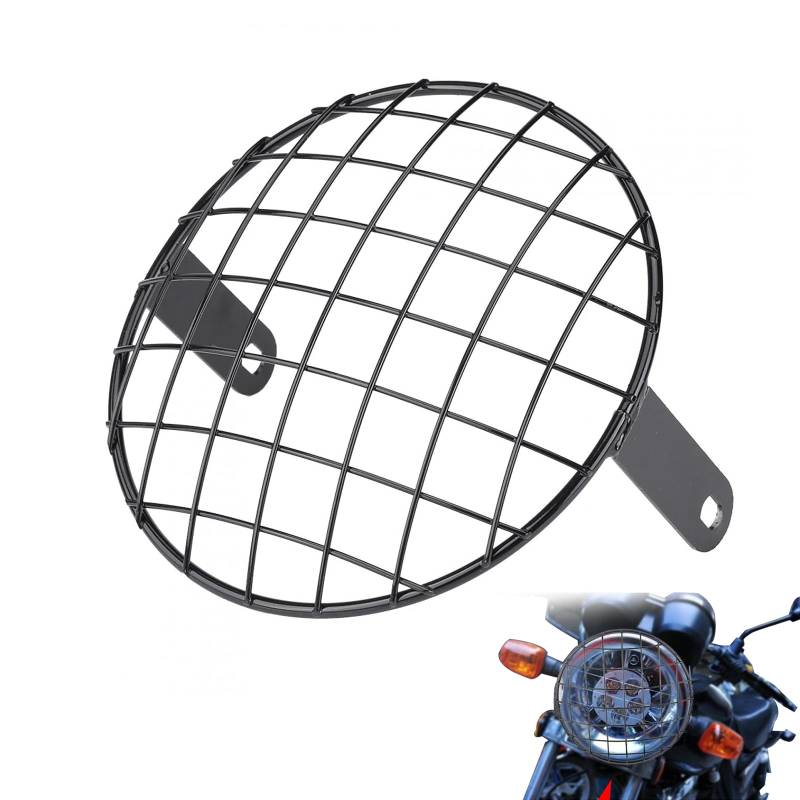 Motorrad Scheinwerfer Lampenabdeckung, 7 "Motorrad modifizierter Gitter Lampenschirm, Universal Motorrad 7" Scheinwerfer Mesh Grill Side Mount Abdeckmaske für Cafe Racer(Schwarz) von Niiyen