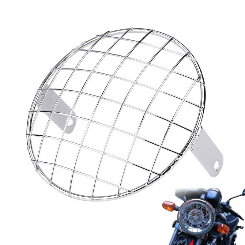 Motorrad Scheinwerfer Lampenabdeckung, 7 "Motorrad modifizierter Gitter Lampenschirm, Universal Motorrad 7" Scheinwerfer Mesh Grill Side Mount Abdeckmaske für Cafe Racer(Silber) von Niiyen