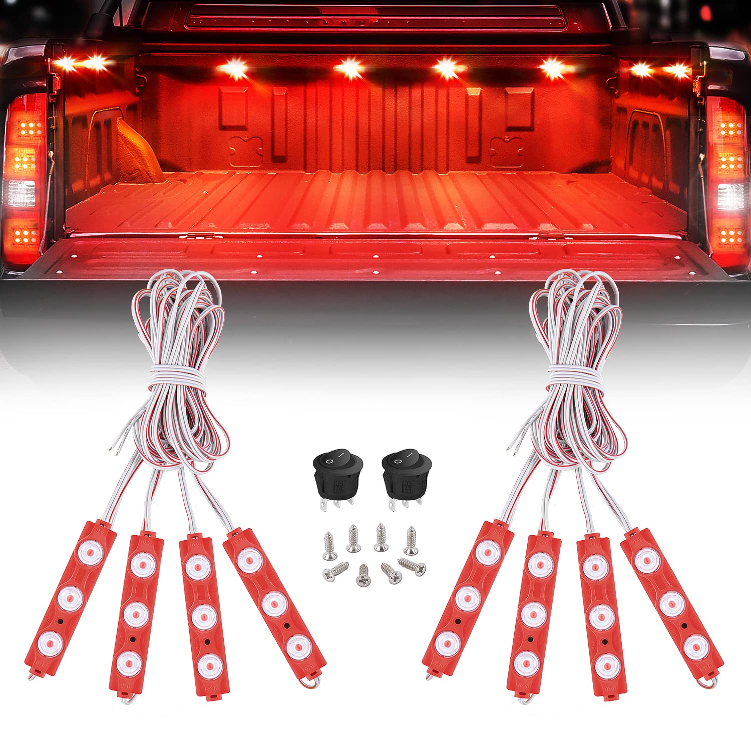 Nilight 8PCS Truck Pickup Bed Light 24LED Red Cargo Rock Lighting Kits with Switch for Van Off-Road Under Car Side Marker Foot Wells Rail, 2 Years Warranty von Nilight