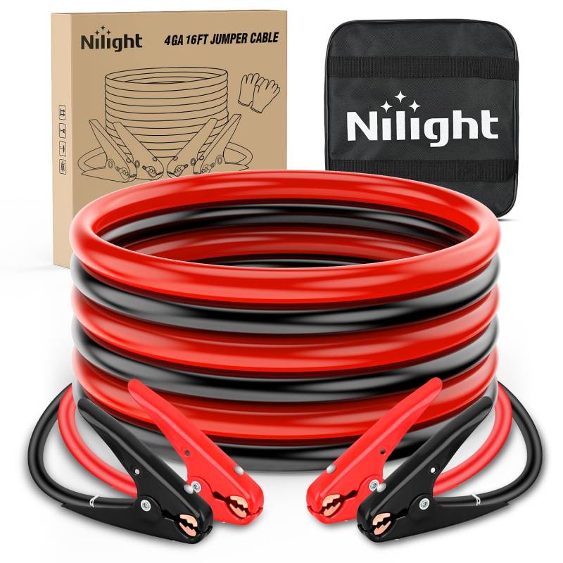 Nilight Autobatterie-Starthilfekabel, 4 Gauge, 4,8 m, strapazierfähig, 600 A CCA mit Tragetasche, Notfall-Set für Pickup, LKW, Wohnmobil, Vans, SUV von Nilight